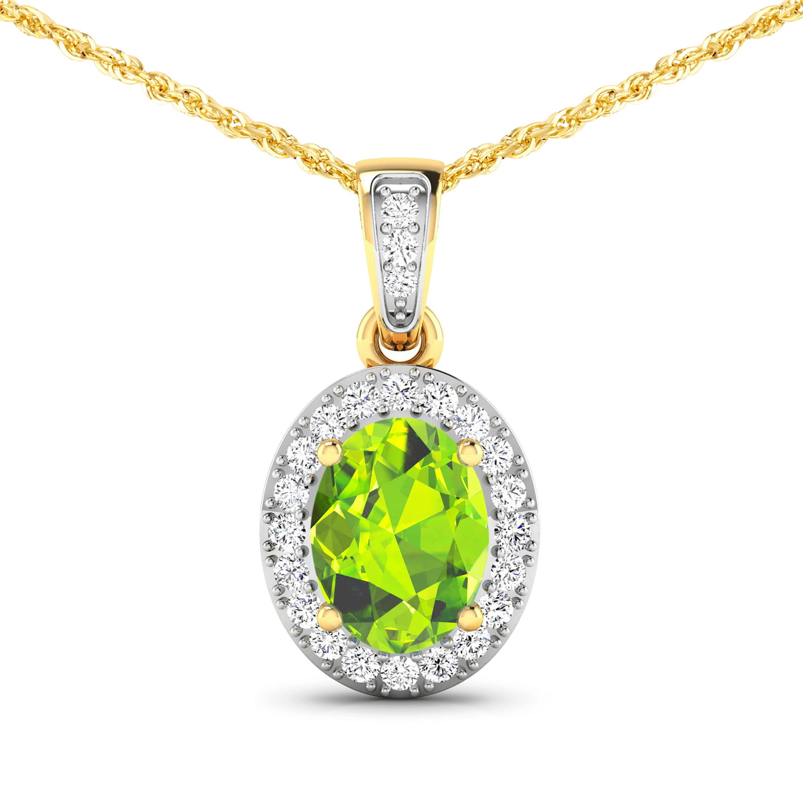 14KT Yellow Gold 1.05ct Peridot and Diamond Pendant with Chain: 1 Peridot stone with a total weight of 1.05cts. Peridot Oval 8x6mm - 1Pc + White Diamond F/C Round 1.20mm - 22Pcs + White Diamond F/C Round 1.10mm - 1Pc ( I1-I2/I color ). Diamonds with a total weight