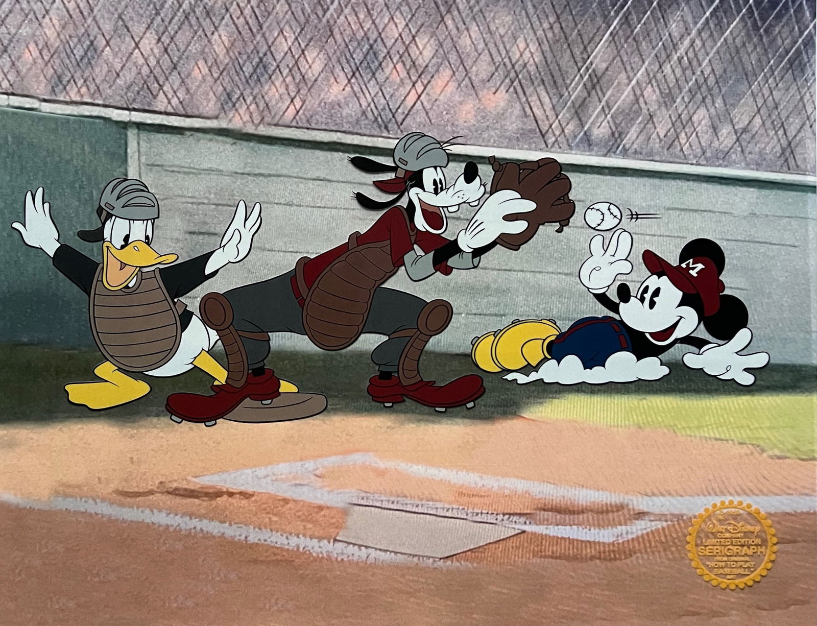 DISNEY Mickey Mouse Goofy Donald Duck Baseball Sericel: This is a Limited Edition serigraph cel of Mickey Mouse, Donald Duck and Pluto playing baseball. Disney’s own artists have selected this scene from the original animation drawings used to produce th