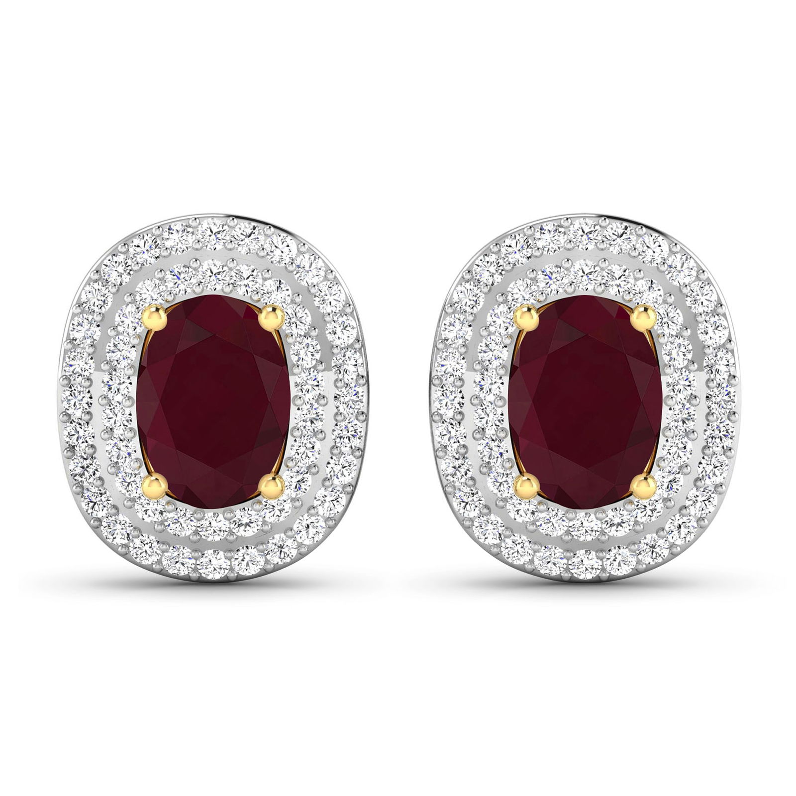 14KT Yellow Gold 1.7ctw Ruby and Diamond Earrings: Ruby (AA) Oval 7x5mm - 2Pcs + White Diamond F/C Round 1.00mm - 100Pcs ( White Pan Rhodium ) (I1-I2/I color) ( Push Post ) Total weight of gemstones is 1.7cts. Total Diamond weight is 0.45cts. Total we