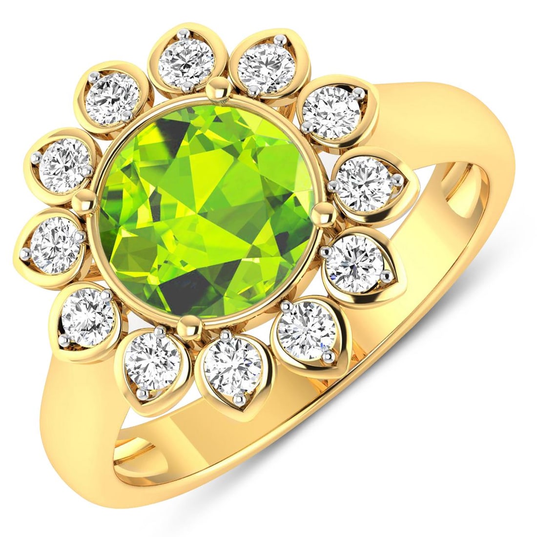 14KT Yellow Gold 1.85ctw Peridot and Diamond Ring: Peridot Round 8.00mm - 1Pc + White Diamond F/C Round 2.00mm - 12Pcs ( White Pan Rhodium ) ( SI-2/HI ) Total weight of gemstone is 1.85cts. Total Diamond weight is 0.36cts. Total weight of this ring is