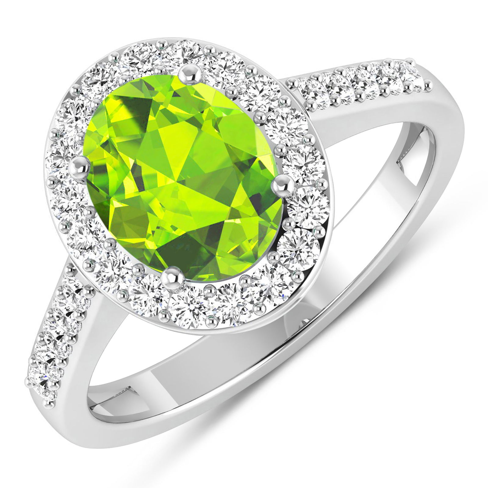 14KT White Gold 1.6ctw Peridot and Diamond Ring: Peridot Oval 9x7mm - 1Pc + White Diamond F/C Round 1.50mm - 28Pcs ( SI-2/HI ) Total weight of gemstone is 1.6cts. Total Diamond weight is 0.39cts. Total weight of this ring is 2.71 grams. Ring size 7.