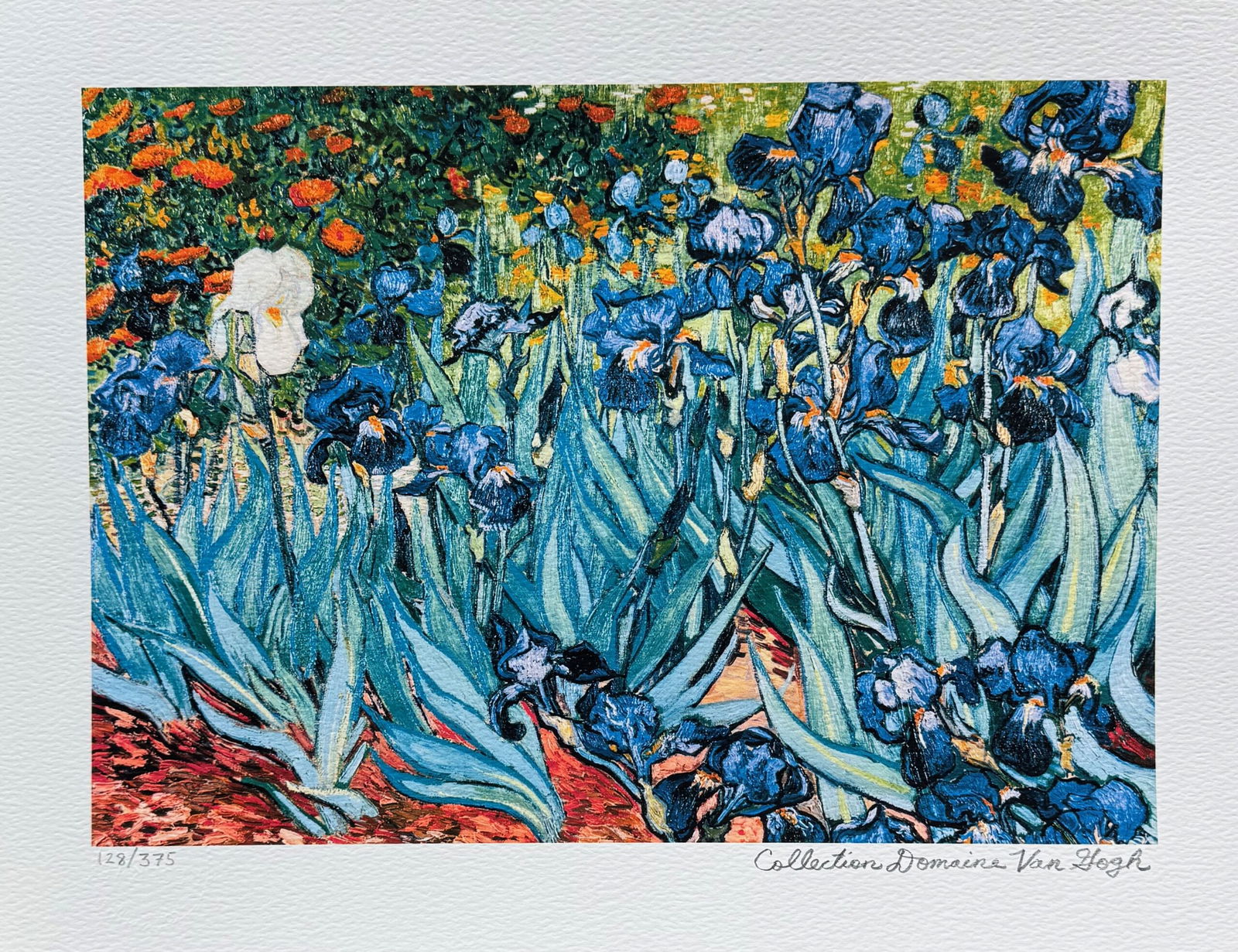 Vincent Van Gogh IRISES Estate Signed Limited Edition Giclee: This is a VINCENT VAN GOGH (ESTATE COLLECTION DOMAINE) reproduction giclee titled “IRISES”. This piece is pencil signed on the lower right as ‘Collection Domaine Van Gogh’ and has an embos