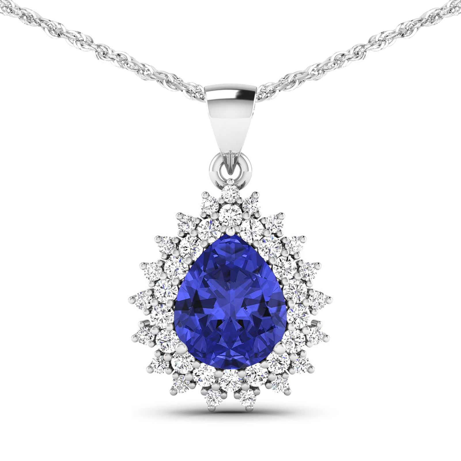 14KT White Gold 3.25ctw Tanzanite and Diamond Pendant: Tanzanite (AA+) Pears 11x9mm - 1Pc + White Diamond F/C Round 2.00mm - 18Pcs + White Diamond F/C Round 1.50mm - 19Pcs ( Diamond Quality : SI-2/HI ) Total weight of gemstone is 3.25cts. Total Diamond we