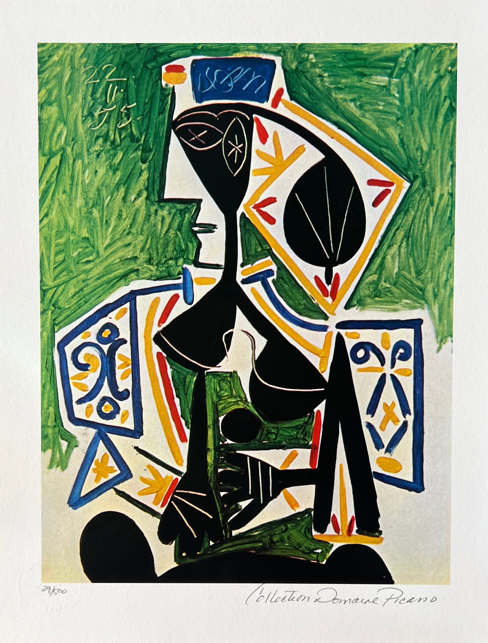 Pablo Picasso WOMAN IN GREEN Estate Signed Limited Edition Giclee: This is a PABLO PICASSO (ESTATE COLLECTION DOMAINE) (1881-1973) giclee titled “Woman in Green”. This piece is pencil signed on the lower right as ‘Collection Domaine Picasso’ and has an em