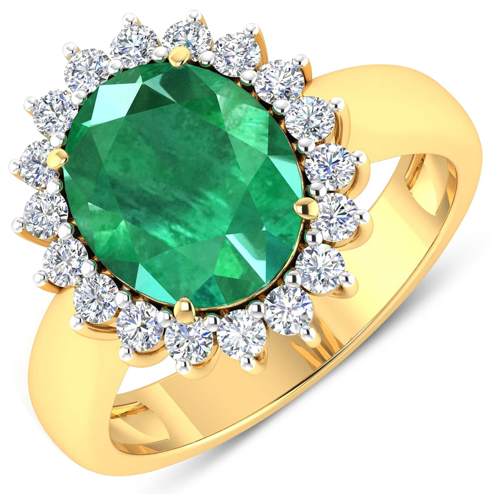 14KT Yellow Gold 3.14ctw Zambian Emerald and Diamond Ring: Zambian Emerald (AA) Oval 11x9mm - 1Pc + White Diamond F/C Round 2.00mm - 18Pcs ( White Pan Rhodium ) ( Diamond Quality : SI-2/HI ) Total weight of gemstone is 3.14cts. Total Diamond weight is 0.54cts