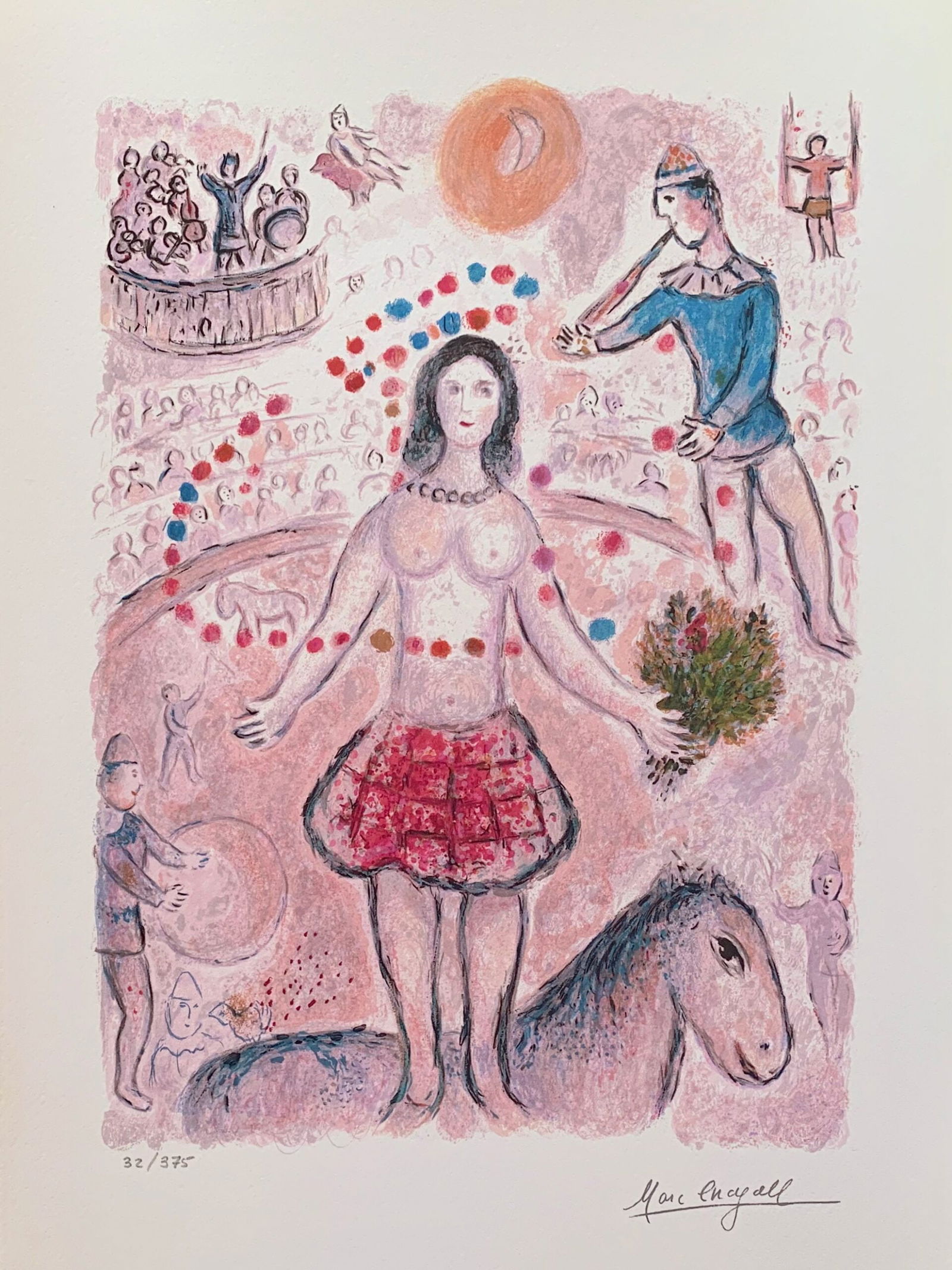 Marc Chagall DANCER & FLUTIST Facsimile Signed Limited Edition Giclee: This is a Marc Chagall limited edition giclee titled “The Dancer and the Flutist”. This subject is facsimile signed which means it has a copy of Chagall’s signature. Numbered from a limited