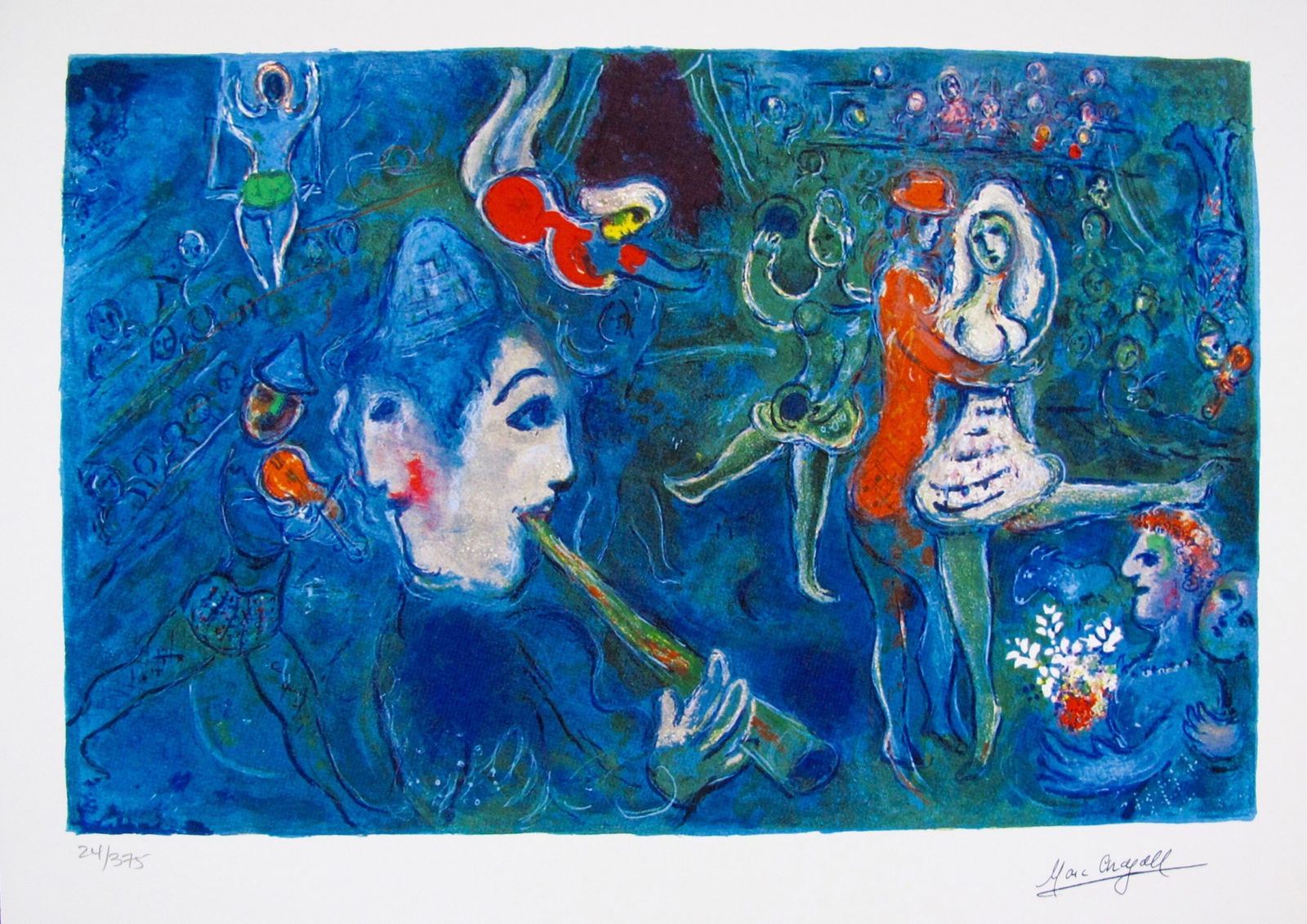 Marc Chagall CIRCUS CLOWN & DANCER Facsimile Signed Limited Edition Giclee: This is a Marc Chagall limited edition small giclee titled “CIRCUS CLOWN AND DANCER”. This giclee is facsimile signed on the lower right and is pencil numbered on the lower left from an editio