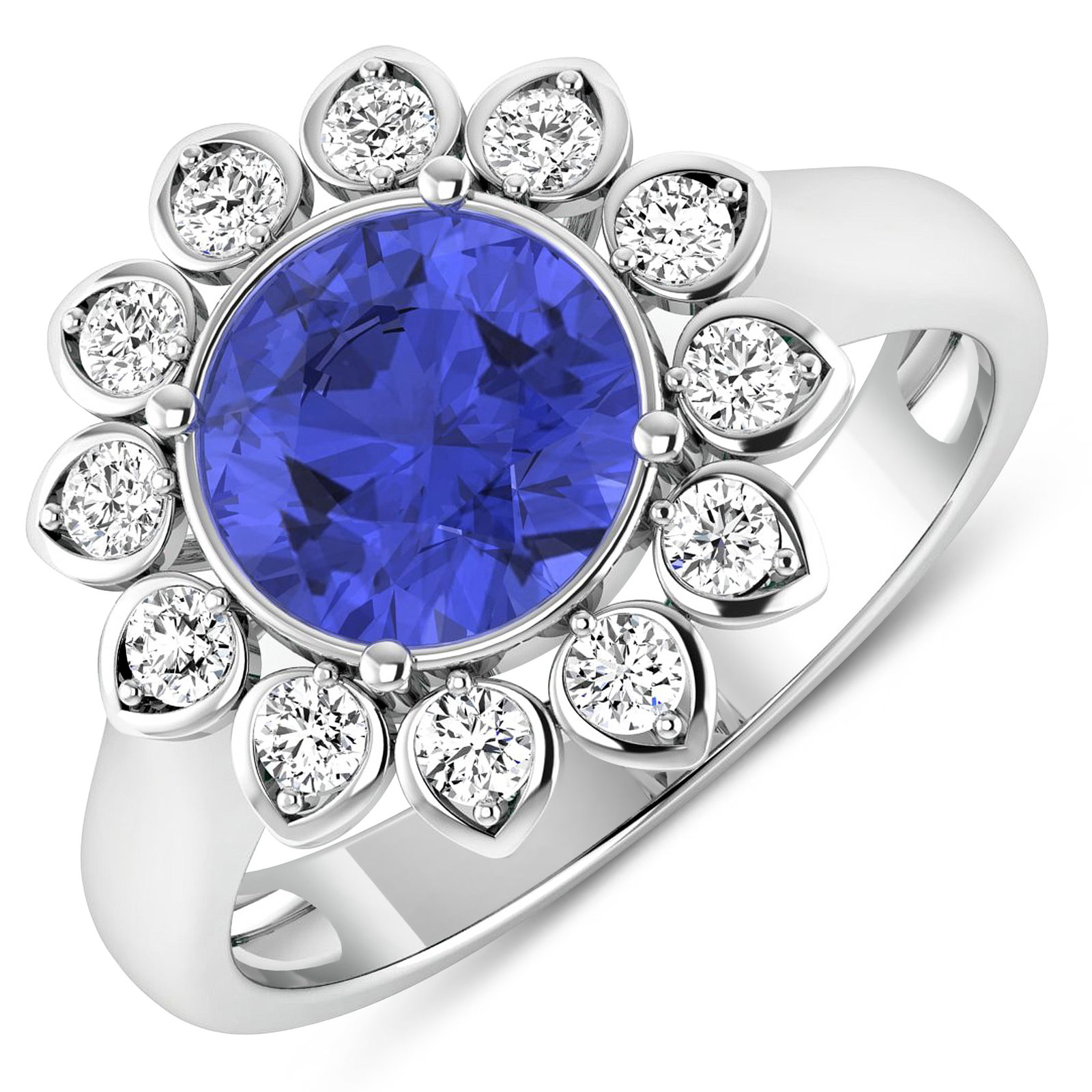 14KT White Gold 2.02ctw Tanzanite and Diamond Ring: Tanzanite (AA+) Round 8.00mm - 1Pc + White Diamond F/C Round 2.00mm - 12Pcs ( SI-2/HI ) Total weight of gemstone is 2.02cts. Total Diamond weight is 0.36cts. Total weight of this ring is 3.34 grams. R