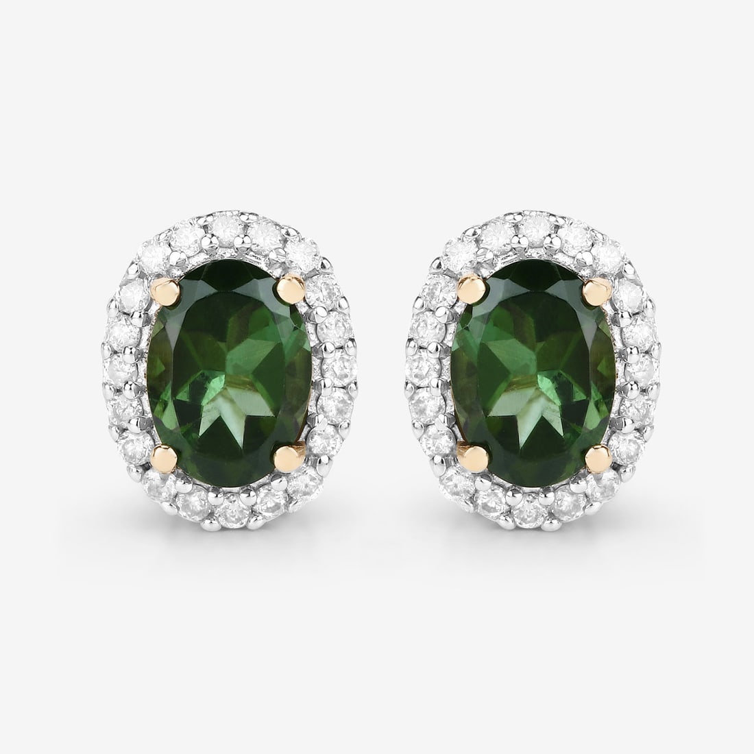 14KT Yellow Gold 1.92ctw Green Tourmaline and White Diamond Earrings: Green Tourmaline Oval/7x5mm - 2/1.66 ctw Prong Setting Natural Irradiated N + White Diamond Round/1.10mm - 40/0.26 ctw Natural Not Treated N H-I I1 Total weight of 2.05 grams.