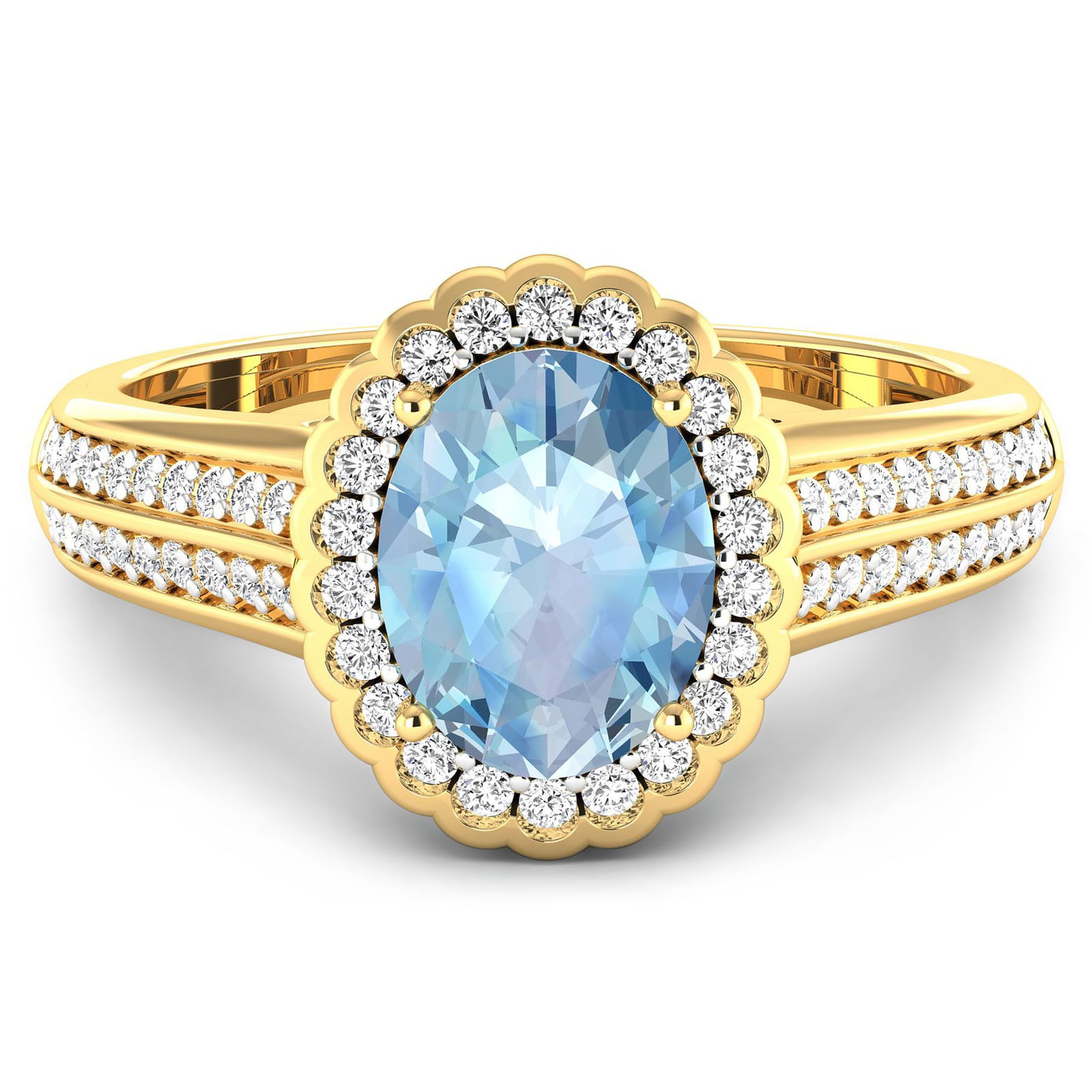 14KT Yellow Gold 1.28ct Aquamarine and Diamond Ring: Aquamarine (AA+) Oval 9x7mm - 1Pc + White Diamond F/C Round 1.20mm - 30Pcs + White Diamond F/C Round 1.10mm - 20Pcs + White Diamond F/C Round 1.00mm - 12Pcs ( White Pan Rhodium ) (I1-I2/I color). Tota