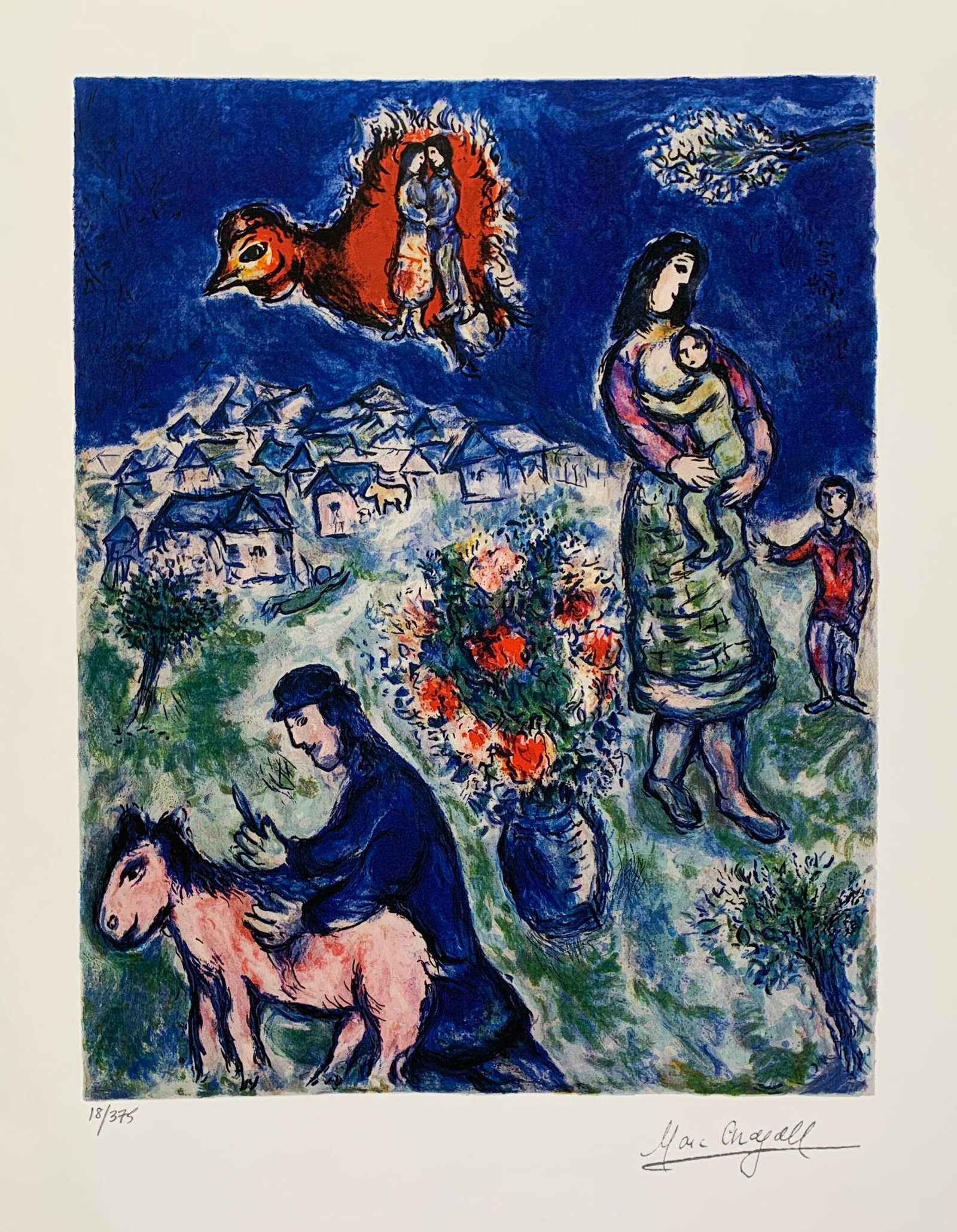 Marc Chagall SUR LA ROUTE DU VILLAGE Limited Edition Facsimile Signed Giclee: This is a Marc Chagall limited edition extra small giclee titled “SUR LA ROUTE DU VILLAGE”. This giclee is facsimile signed on the lower right and is pencil numbered on the lower left from an