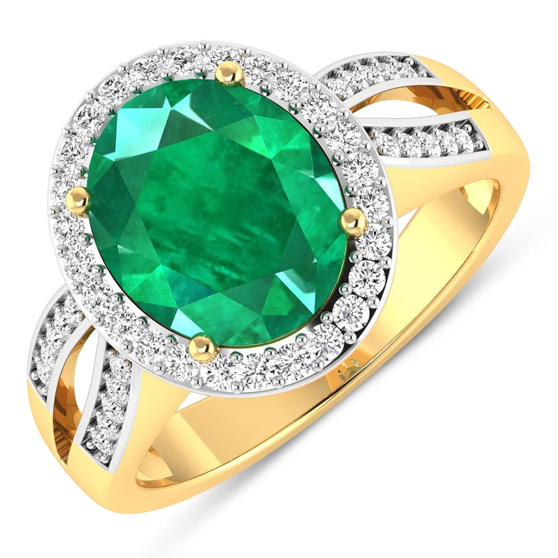 14KT Yellow Gold 3.14ctw Zambian Emerald and Diamond Ring: Zambian Emerald (AA) Oval 11x9mm - 1Pc + White Diamond F/C Round 1.30mm - 26Pcs + White Diamond F/C Round 1.10mm - 20Pcs ( White Pan Rhodium ) ( SI-2/HI ) Total weight of gemstone is 3.14cts. Total Di