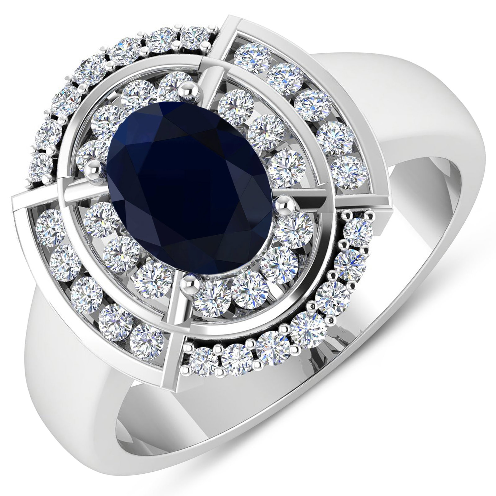 14KT White Gold 1.3ct Blue Sapphire and Diamond Ring: Blue Sapphire (AA) Oval 8x6mm - 1Pc + White Diamond F/C Round 1.50-1.60mm - 24Pcs + White Diamond F/C Round 1.20mm - 14Pcs (I1-I2/I color). Total weight of gemstone is 1.3cts. Total weight of Diamonds