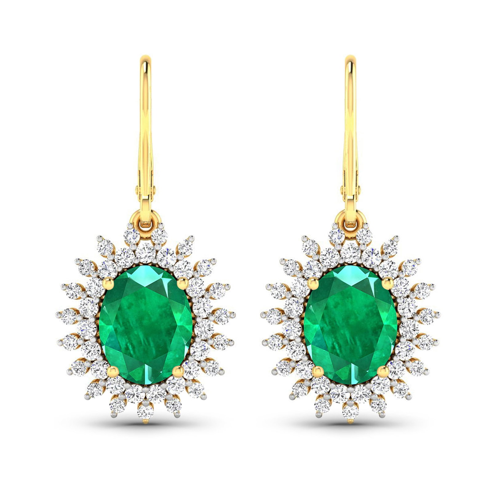 14KT Yellow Gold 3.06ctw Zambian Emerald and Diamond Earrings: Zambian Emerald (AA) Oval 9x7mm - 2Pcs + White Diamond F/C Round 1.50mm - 38Pcs + White Diamond F/C Round 1.20mm - 38Pcs ( Diamond Quality : SI-2/HI ) Total weight of gemstones is 3.06cts. Total Diamo