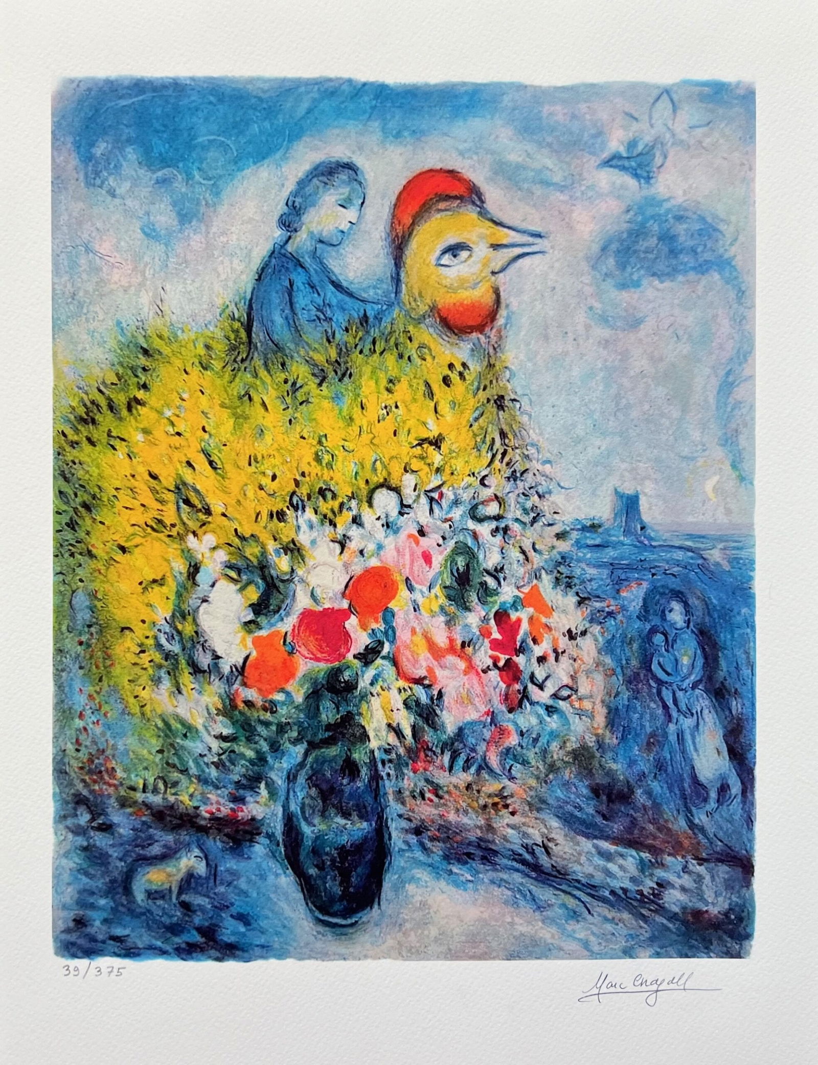Marc Chagall LE COQ Facsimile Signed Limited Edition Giclee: This is a Marc Chagall limited edition small giclee titled “LE COQ AVEC LE BOUQUET JUANE”. This giclee is facsimile signed on the lower right and is pencil numbered on the lower left from an e