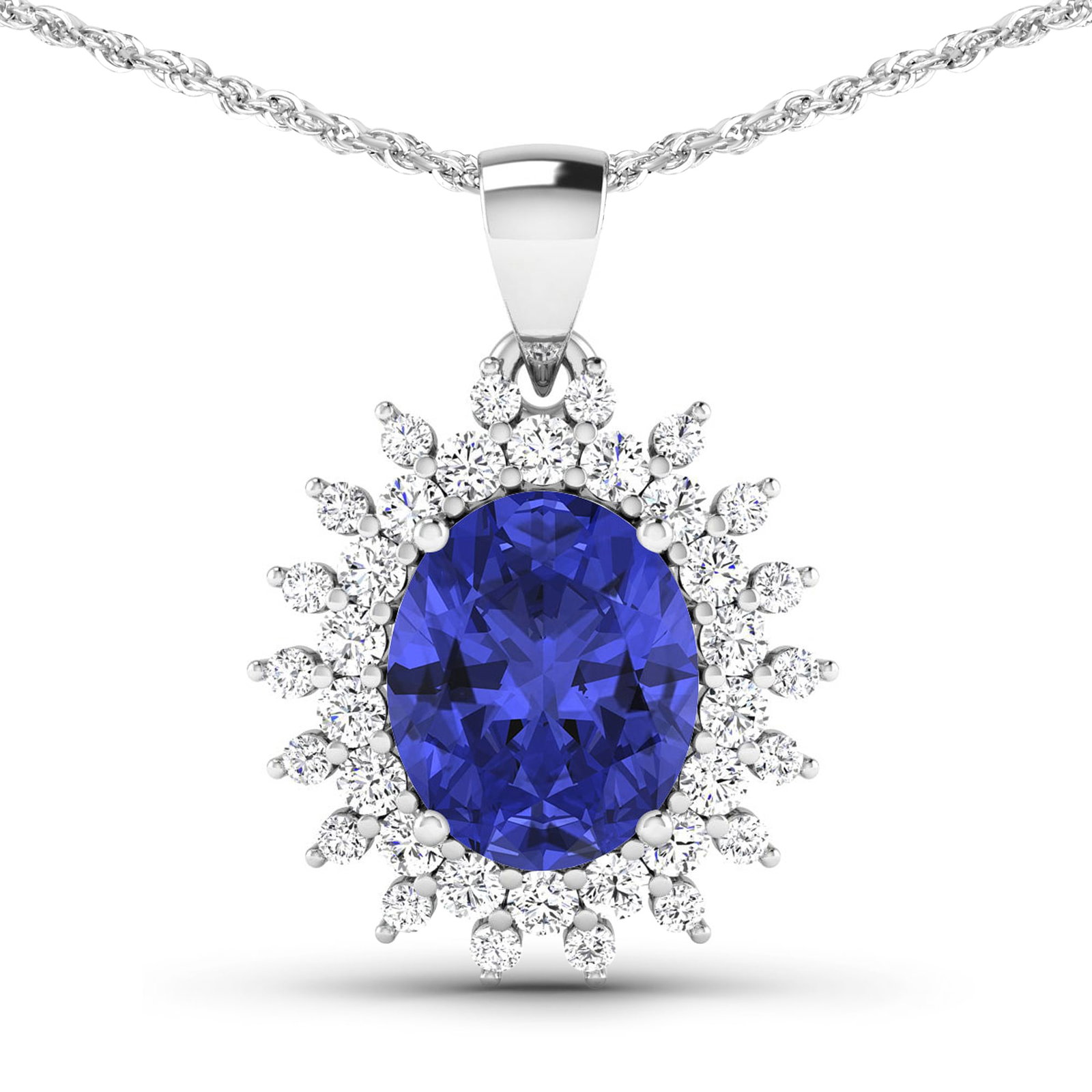 14KT White Gold 3.75ctw Tanzanite and Diamond Pendant: Tanzanite (AA+) Oval 11x9mm - 1Pc + White Diamond F/C Round 2.00mm - 18Pcs + White Diamond F/C Round 1.50mm - 18Pcs ( Diamond Quality : SI-2/HI ) Total weight of gemstone is 3.75cts. Total Diamond wei