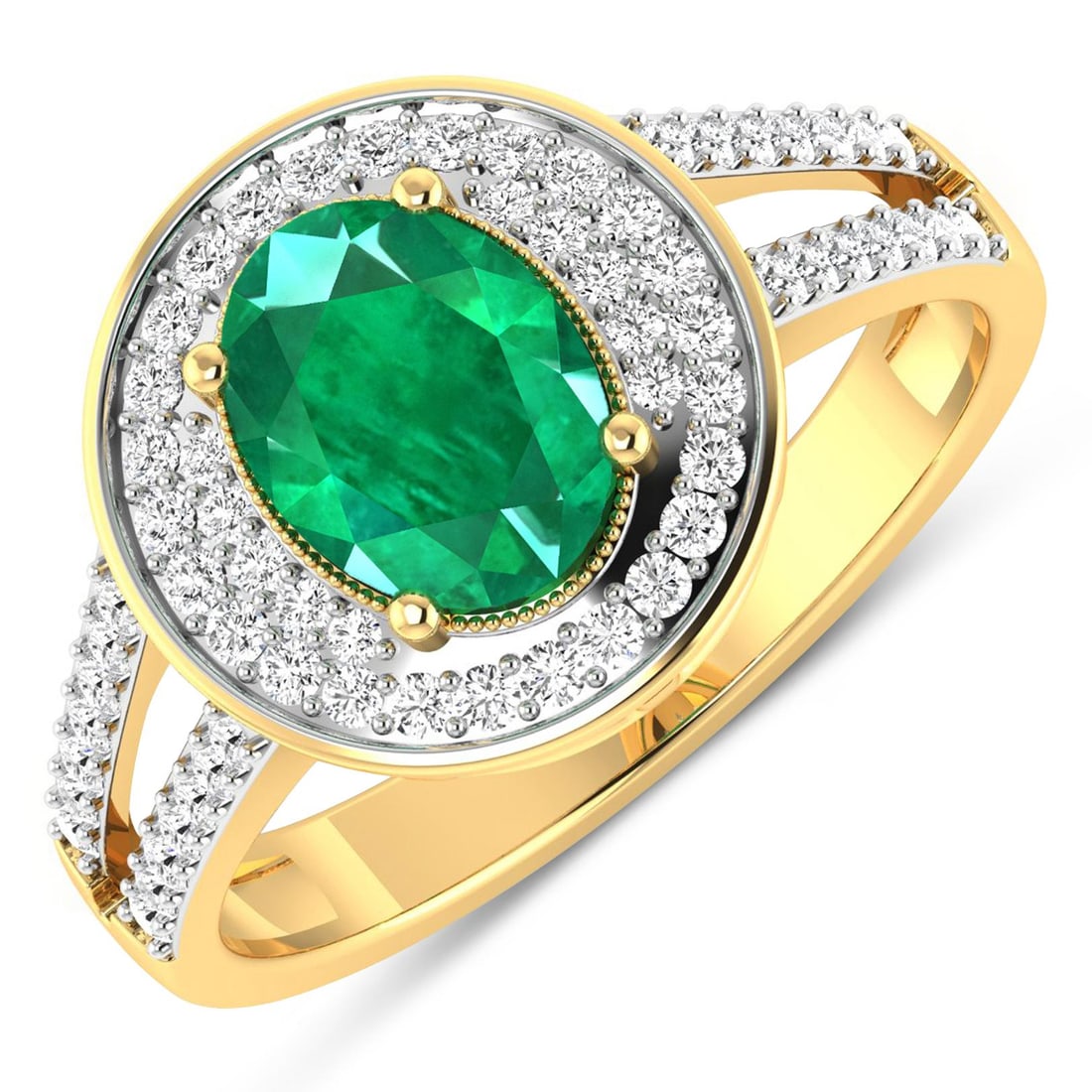 14KT Yellow Gold 1ctw Zambian Emerald and Diamond Ring: Zambian Emerald (AA) Oval 8x6mm - 1Pc + White Diamond F/C Round 1.10mm - 24Pcs + White Diamond F/C Round 1.00mm - 40Pcs ( White Pan Rhodium ) ( I1-I2/I color ) Total weight of gemstone is 1cts. Total
