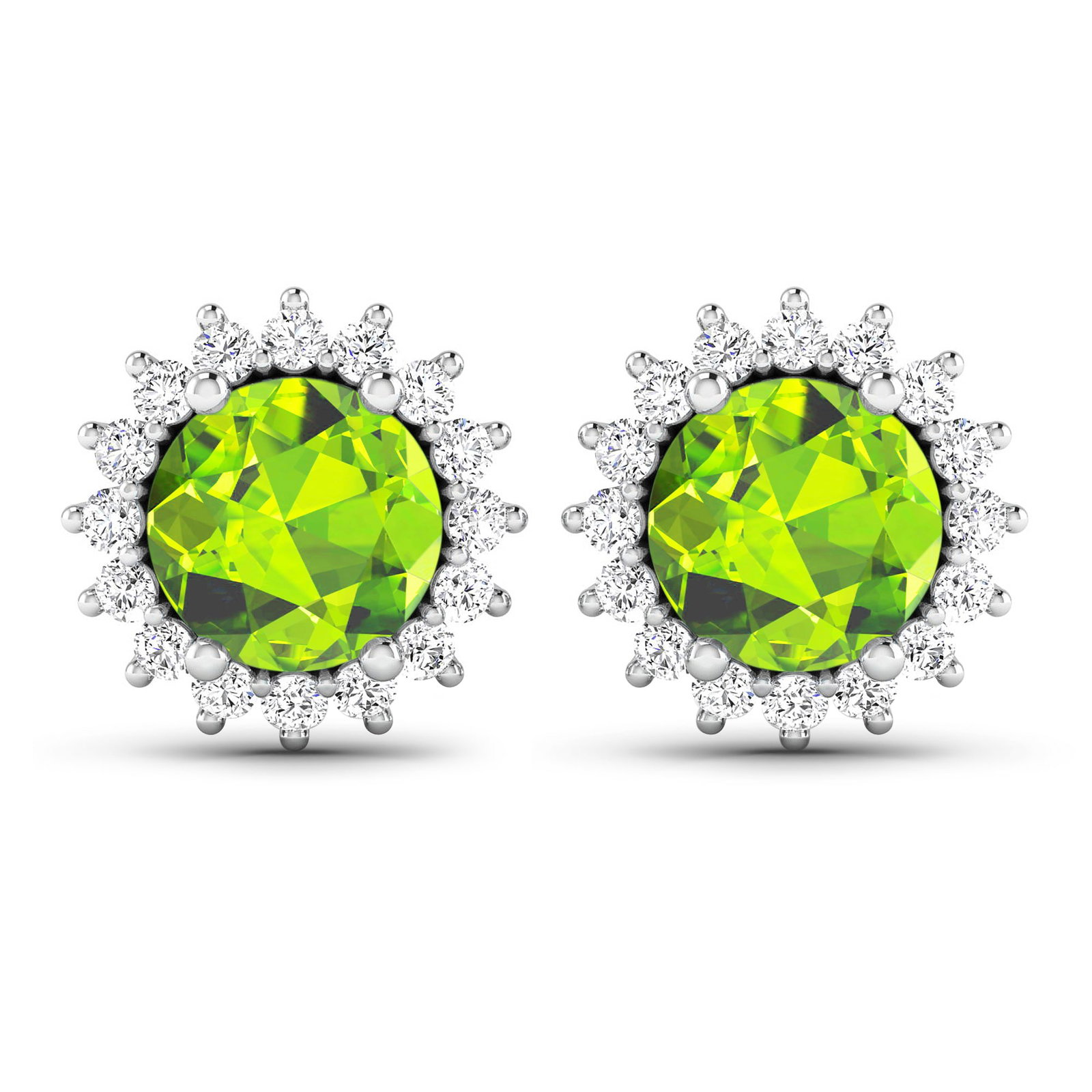 14KT White Gold 1.72ctw Peridot Topaz and Diamond Earrings: Peridot Round 6.00mm - 2Pcs + White Diamond F/C Round 1.30mm - 32Pcs ( Push-Post ) ( I1-I2/I color ) Total weight of gemstones is 1.72cts. Total Diamond weight is 0.32cts. Total weight of these earrin