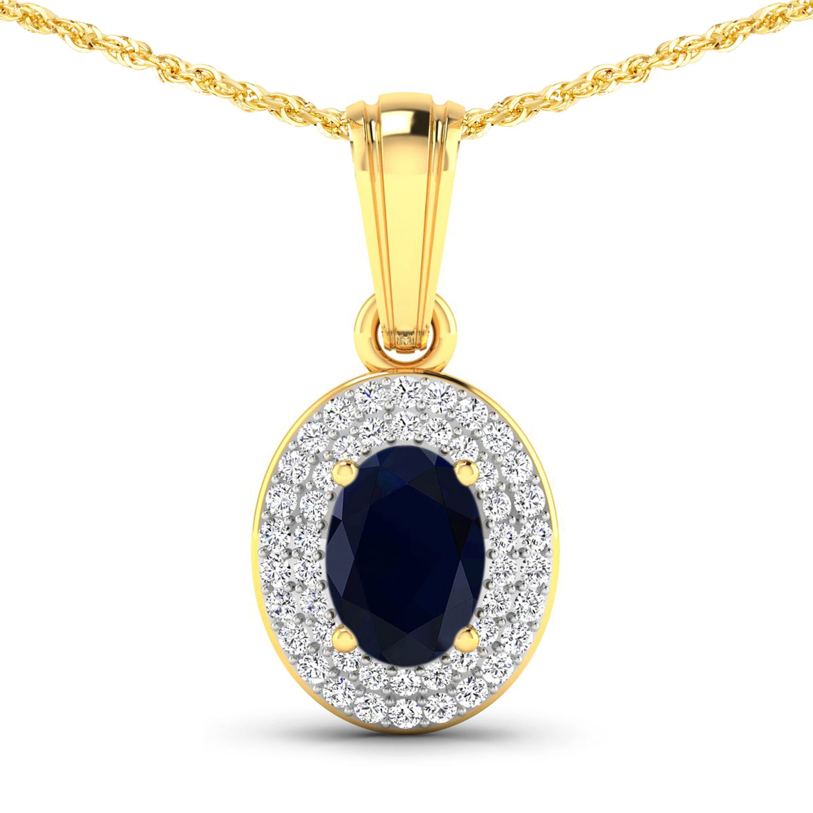 14KT Yellow Gold 0.75ctw Blue Sapphire and Diamond Pendant: Blue Sapphire (AA) Oval 7x5mm - 1Pc + White Diamond F/C Round 0.90mm - 48Pcs ( White Pan Rhodium ) (I1-I2/I color) Total weight of gemstone is 0.75cts. Total Diamond weight is 0.16cts. Total weight of