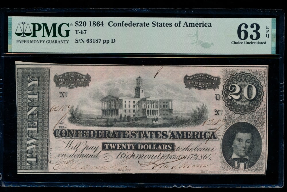 1864 $20 T-67 Confederate PMG 63EPQ: One 1864 $20 T-67 Confederate PMG 63EPQ.