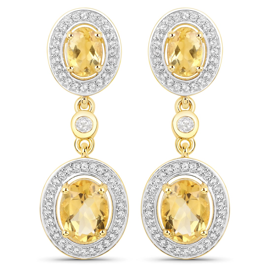 Plated 18KT Yellow Gold 5.00ctw Citrine and Topaz Earrings: 18K Yellow Gold Plated 5.70 Carat Genuine Citrine and White Topaz.925 Sterling Silver Earrings. Citrine Oval/9x7mm - 2/3.40 ctw Prong Setting Natural Heat Treated N + Citrine Oval/7x5mm - 2/1.60 ctw N