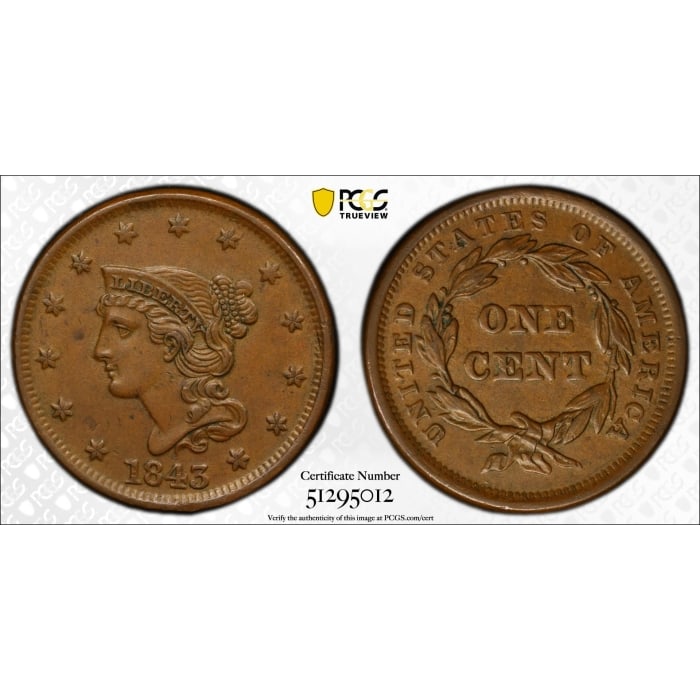 1843 Braided Hair Cent PCGS AU55BN (1 of 3)