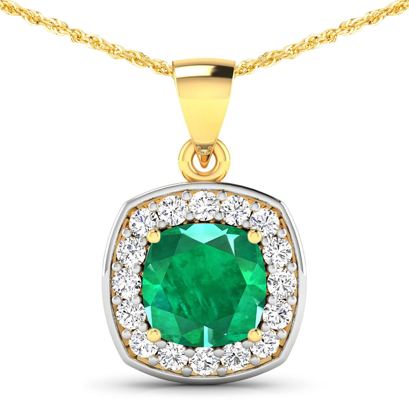 14KT Yellow Gold 2.00ct Zambian Emerald and Diamond Pendant with Chain (1 of 3)