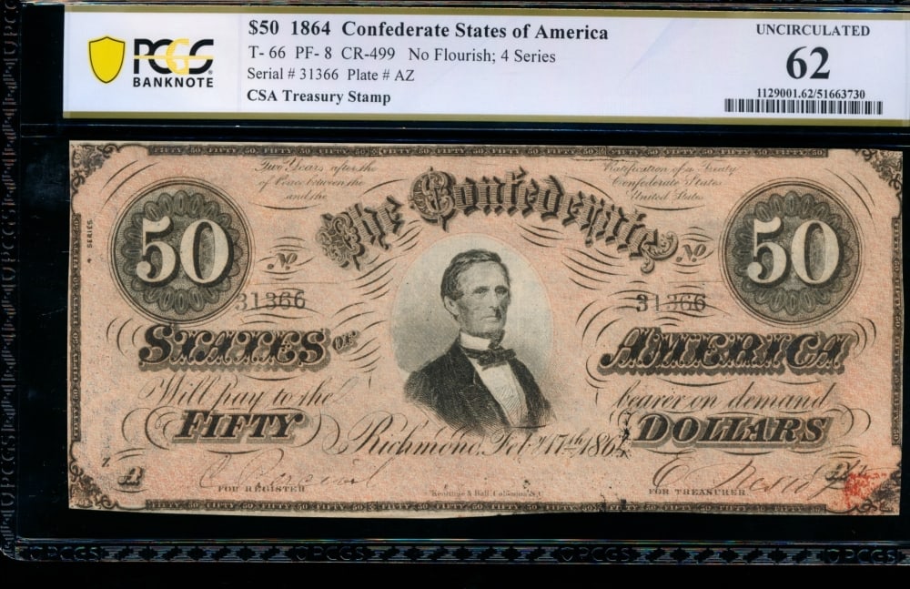 1864 $50 T-66 Confederate PCGS 62 (1 of 2)