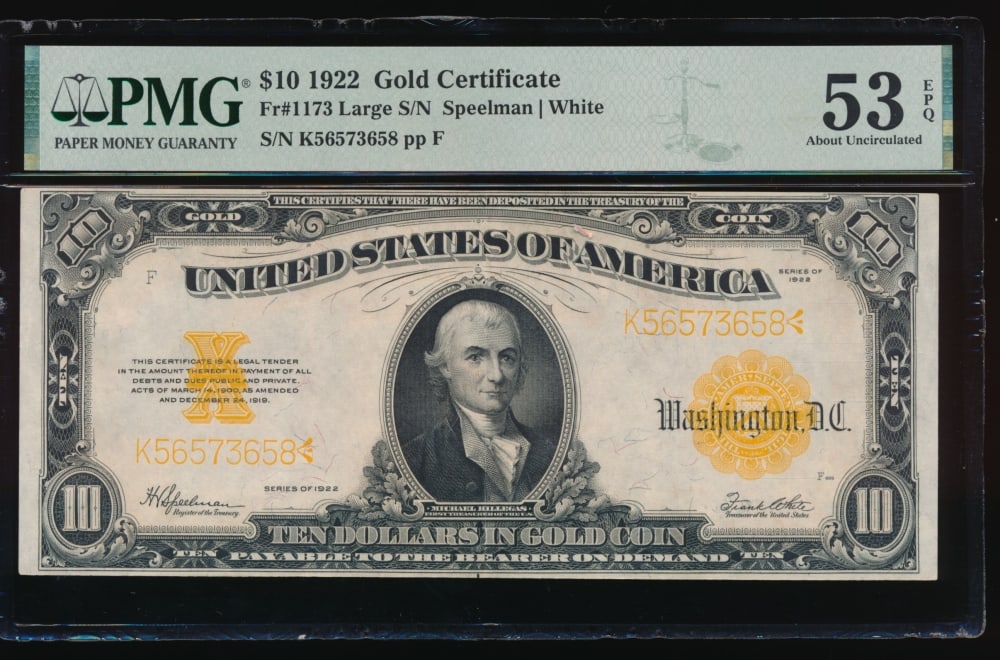 1922 $10 Gold Certificate PMG 53EPQ (1 of 2)