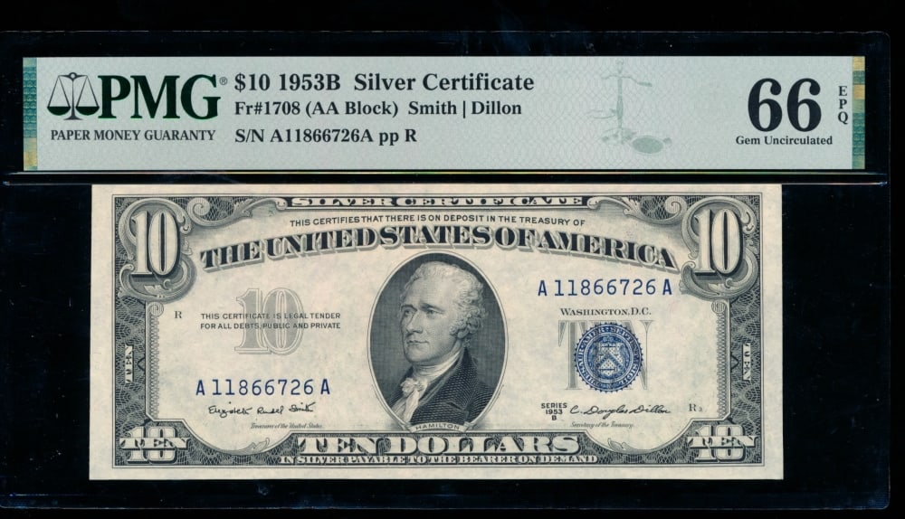 1953B $10 Silver Certificate PMG 66EPQ (1 of 2)