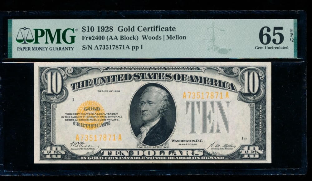 1928 $10 Gold Certificate PMG 65EPQ (1 of 2)