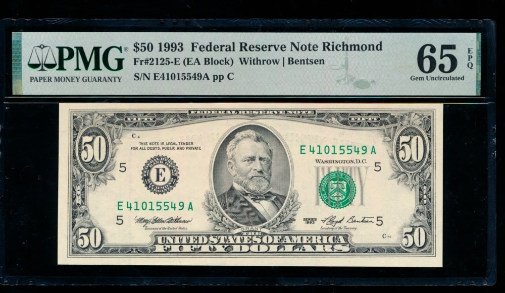 1993 $50 Richmond FRN PMG 65EPQ: One 1993 $50 Richmond FRN PMG 65EPQ.