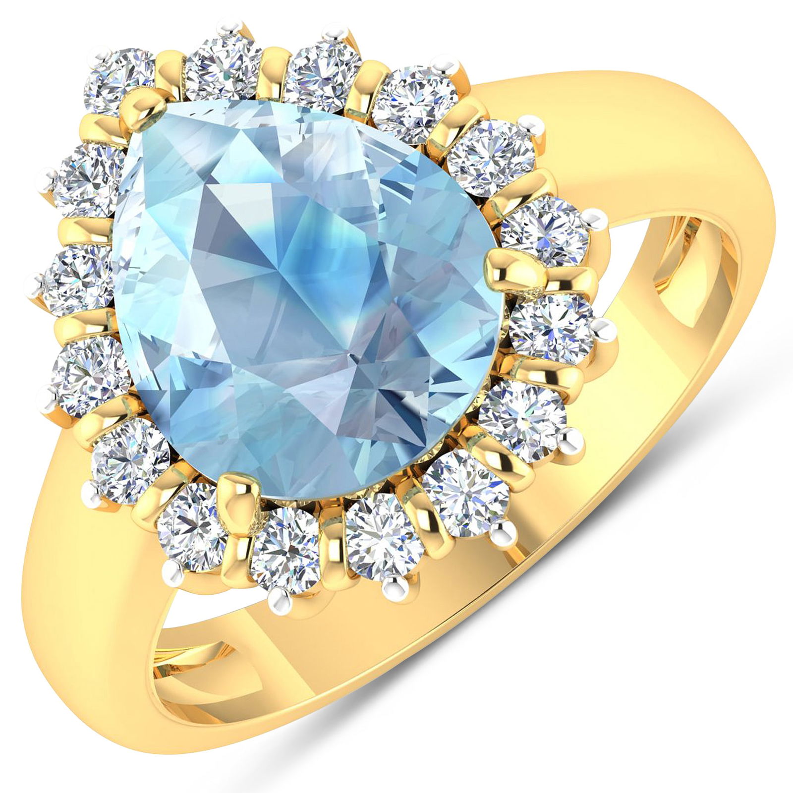 14KT Yellow Gold 2.3ct Aquamarine and Diamond Ring: Aquamarine (AA+) Pears 11x9mm - 1Pc + White Diamond F/C Round 2.00mm - 16Pcs ( White Pan Rhodium ) ( Diamond Quality : SI-2/HI ). Total weight of gemstone is 2.3cts. Total weight of Diamonds is