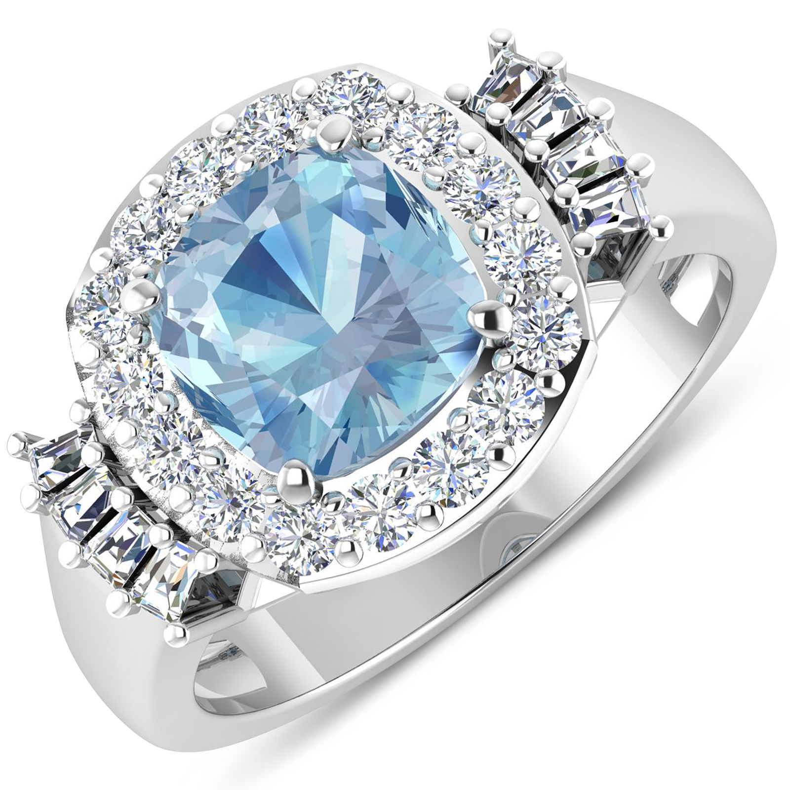 14KT White Gold 1.48ct Aquamarine and Diamond Ring: Aquamarine (AA+) Cushion 8.00mm - 1Pc + White Diamond Tapper Baguette 2.00x1.50x1.10mm - 8Pcs + White Diamond F/C Round 2.00mm - 16Pcs ( Diamond Quality : SI-2/HI ). Total weight of gemstone is