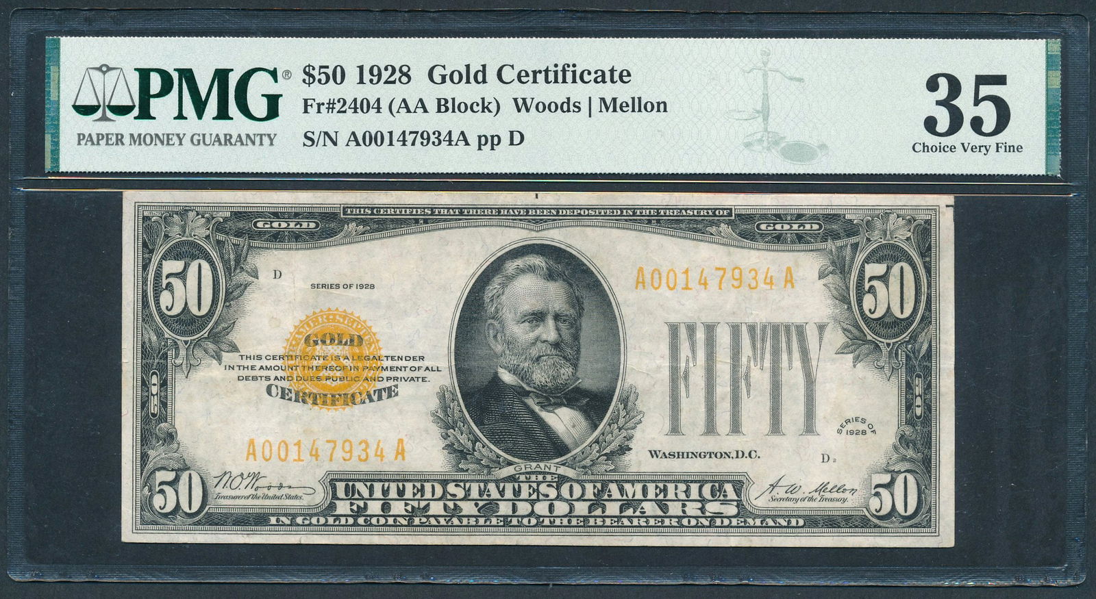1928 $50 Gold Certificate PMG 35: One 1928 $50 Gold Certificate PMG 35.