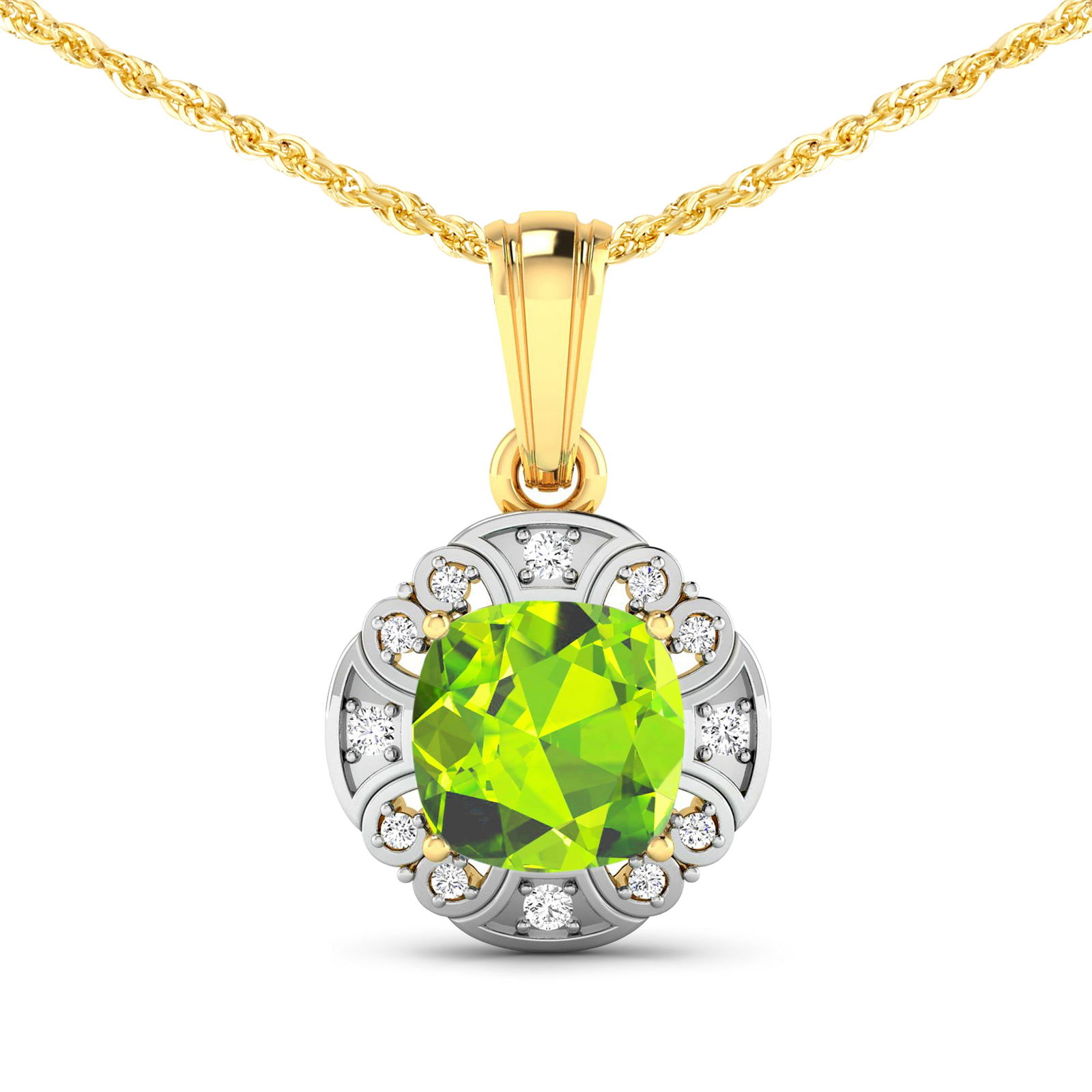 14KT Yellow Gold 2.02ctw Peridot and Diamond Pendant: Peridot Cushion 8.00mm - 1Pc + White Diamond F/C Round 1.50mm - 4Pcs + White Diamond F/C Round 1.00mm - 8Pcs ( White Pan Rhodium ) ( SI-2/HI ) Total weight of gemstone is 2.02cts. Total Diamond weight