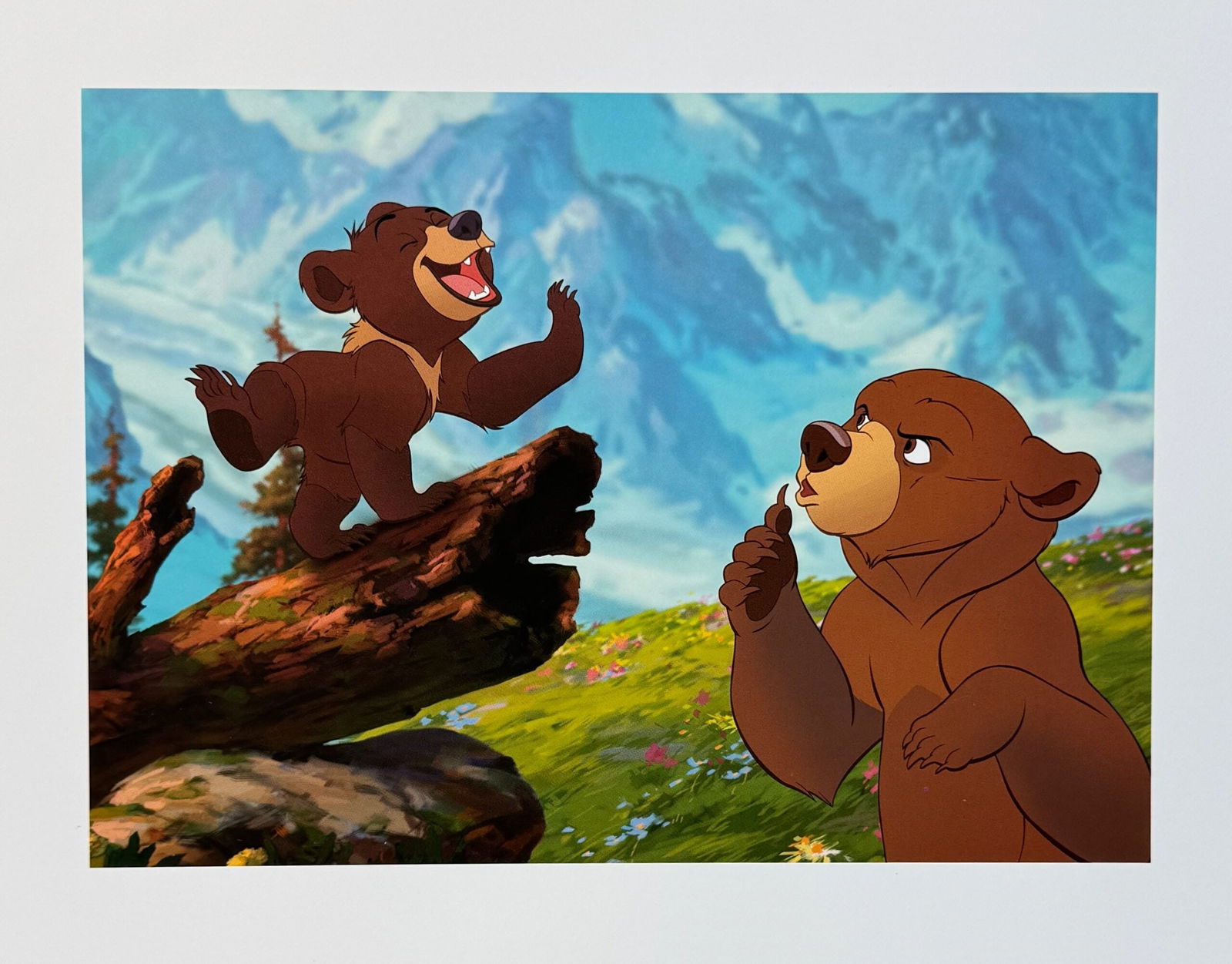 DISNEY BROTHER BEAR KENAI and KODA Lithograph: This is an offset lithograph titled Kenai and Koda from Disneys classic film Brother Bear. Paper measures: 14 inches x 11 inches. Image measures 9 inches x 6.5 inches. Comes unframed. In excellent
