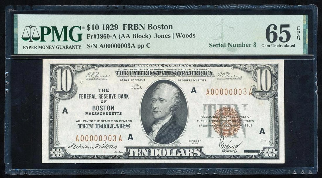 1929 $10 Serial Number 3 Boston FRBN PMG 65EPQ: One 1929 $10 Serial Number 3 Boston FRBN PMG 65EPQ.