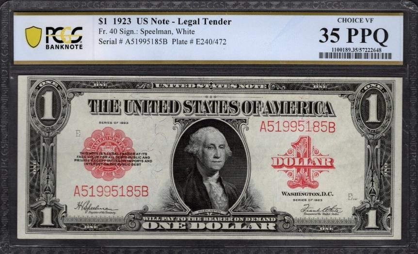 1923 $1 Legal Tender Note PCGS 35PPQ (1 of 2)