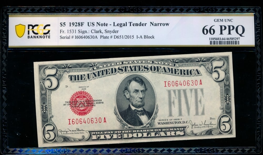1928F $5 Legal Tender Note PCGS 66PPQ (1 of 2)