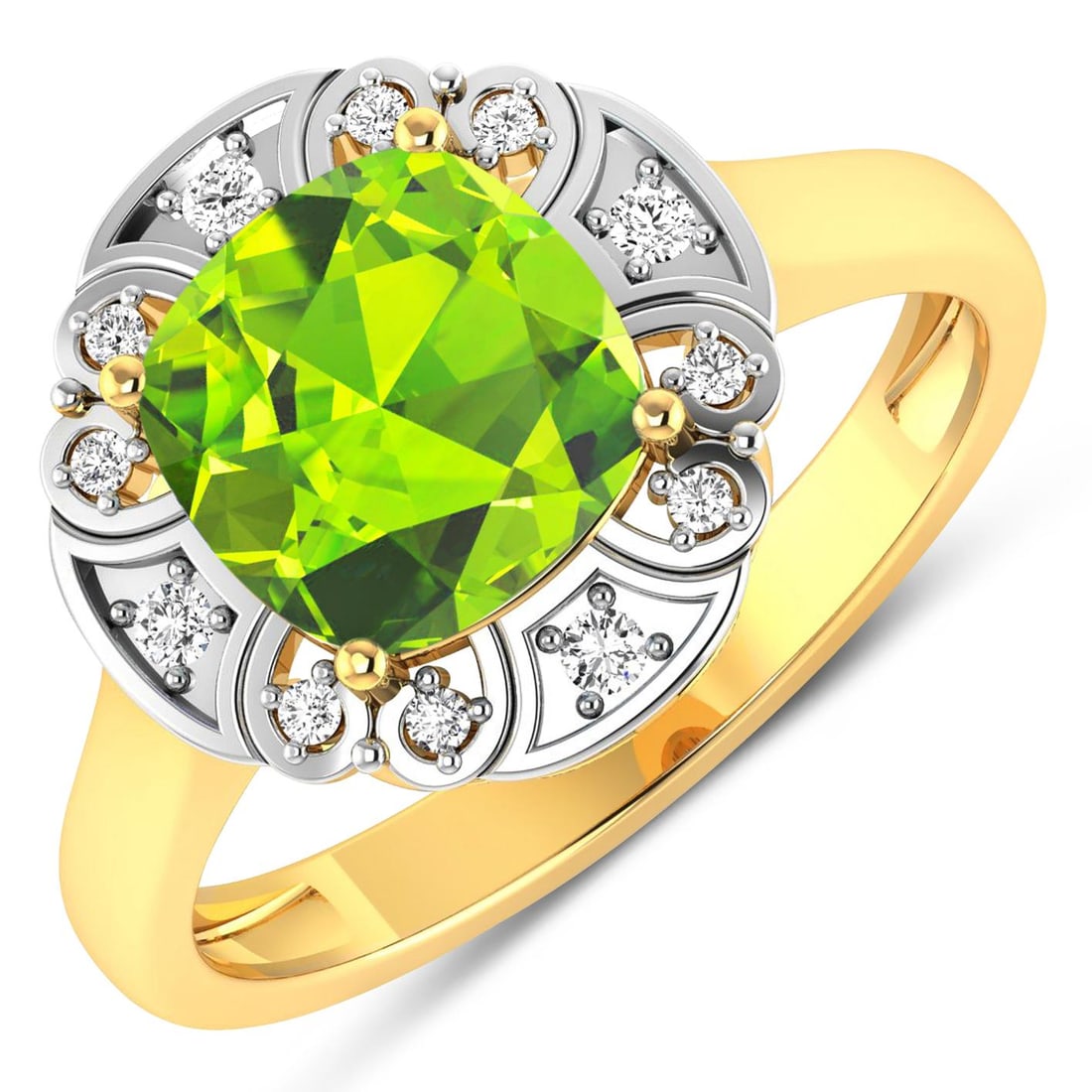 14KT Yellow Gold 2.02ctw Peridot and Diamond Ring: Peridot Cushion 8.00mm - 1Pc + White Diamond F/C Round 1.50mm - 4Pcs + White Diamond F/C Round 1.00mm - 8Pcs ( White Pan Rhodium ) ( SI-2/HI ) Total weight of gemstone is 2.02cts. Total Diamond weight