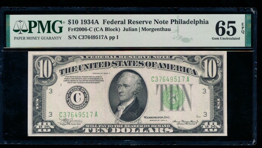 1934A $10 Philadelphia FRN PMG 65EPQ (1 of 2)