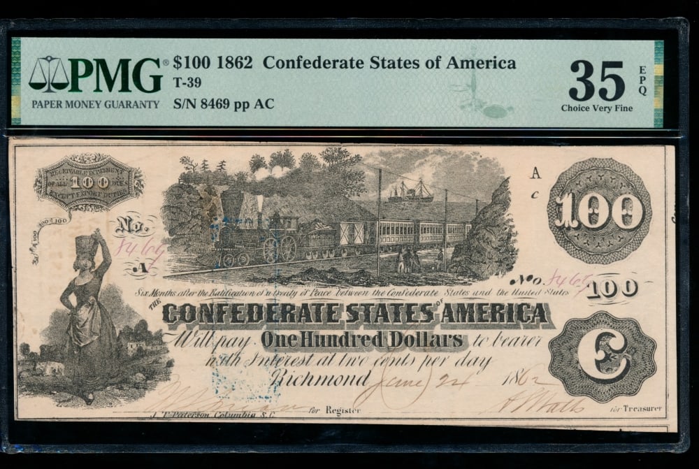 1862 $100 T-39 Confederate PMG 35EPQ (1 of 2)