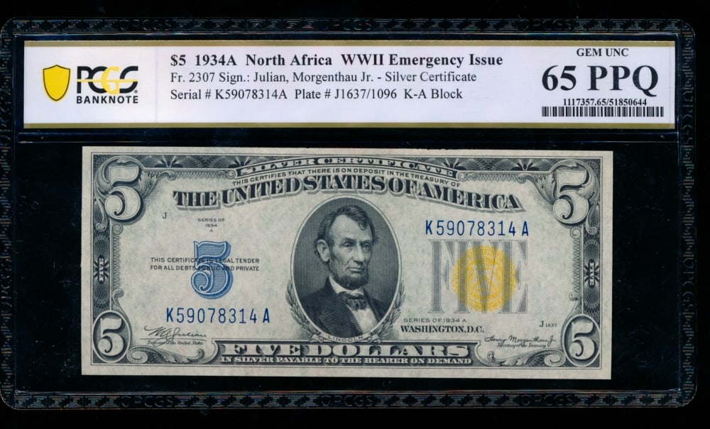1934A $5 N Africa Silver Certificate PCGS 65PPQ (1 of 2)