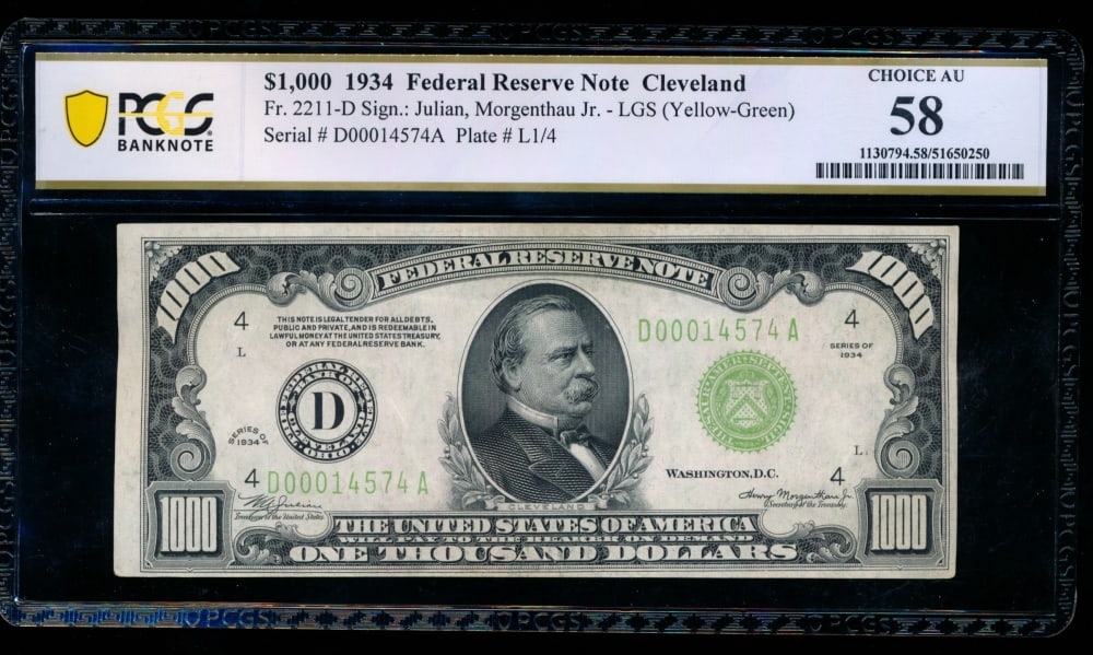 1934 $1000 Cleveland FRN PCGS 58 (1 of 2)