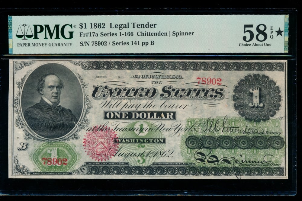 1862 $1 Legal Tender Note PMG 58EPQ (1 of 2)