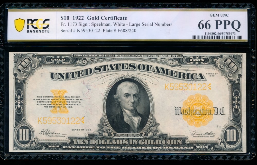 1922 $10 Gold Certificate PCGS 66PPQ (1 of 2)