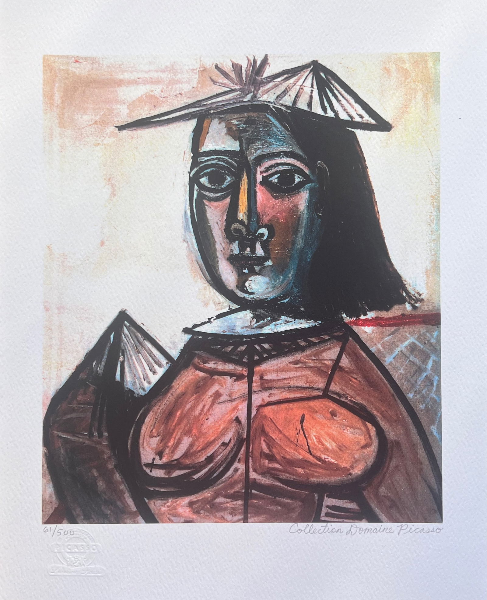 Pablo Picasso SEATED LADY WITH FAN HAT Estate Signed Limited Edition Giclee: This is a PABLO PICASSO (ESTATE COLLECTION DOMAINE) (1881-1973) small giclee titled Seated Lady with Fan Hat. This piece is pencil signed on the lower right as Collection Domaine Picasso and has an em