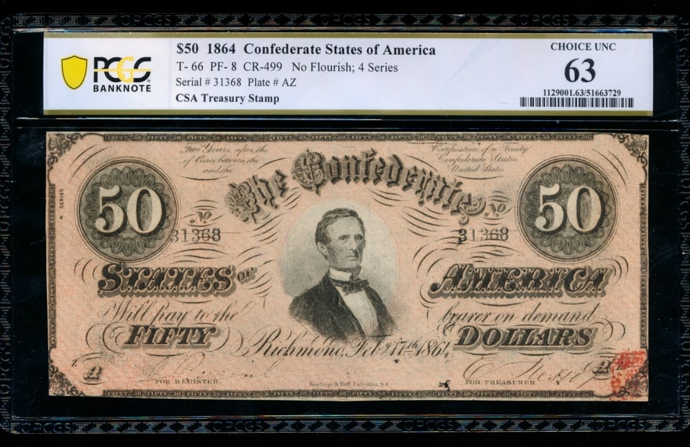 1864 $50 T-66 Confederate PCGS 63 (1 of 2)