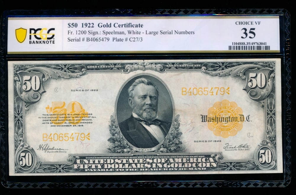 1922 $50 Gold Certificate PCGS 35 (1 of 2)